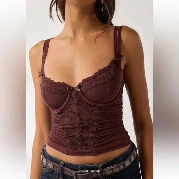 NWT UO Out From Under Jazz Club Lace Trim Corset in Chocolate XL - Picture 2 of 8